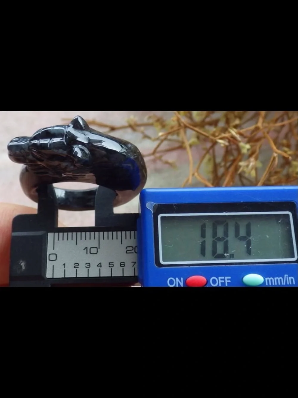 Certificate JADEITE Jade carved black Tiger luck good fortune ring size 7.75